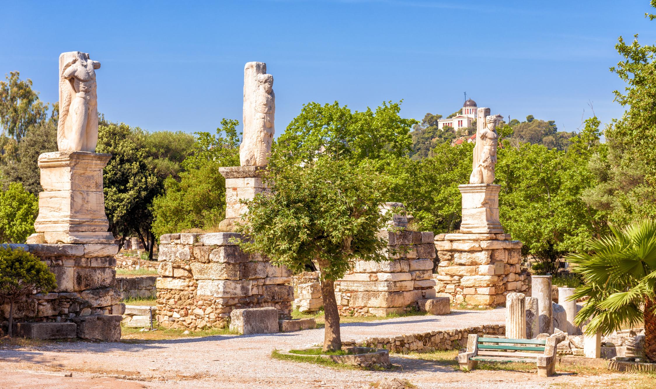 Panorama of the Ancient Agora, Athens, Greece. It is one of the main tourist attractions of Athens. Scenic view of the historical park in the Athens center. Old Greek ruins of the antique Athens city.